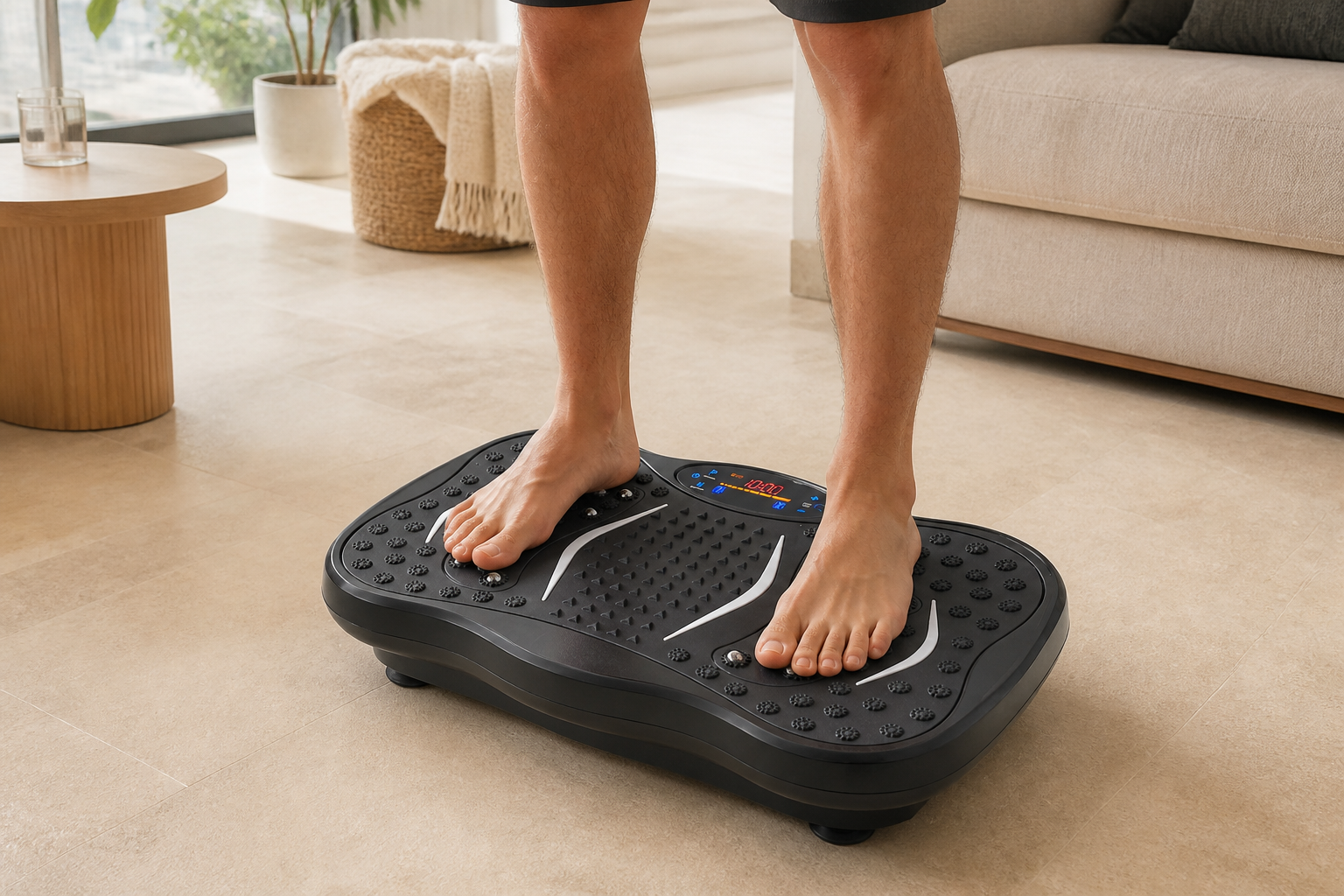 VibeKore whole-body vibration plate used at home